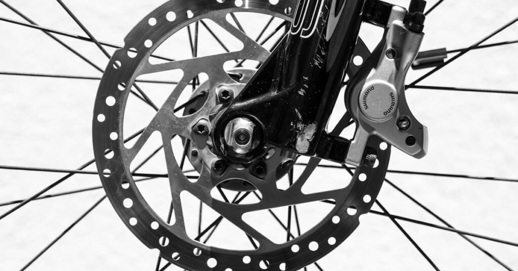 Detailed black and white image of a bicycle wheel highlighting disc brakes and spokes.